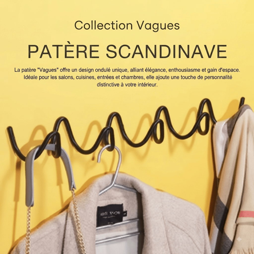 Black Scandinavian wavy coat rack on yellow wall holding beige coat and scarf