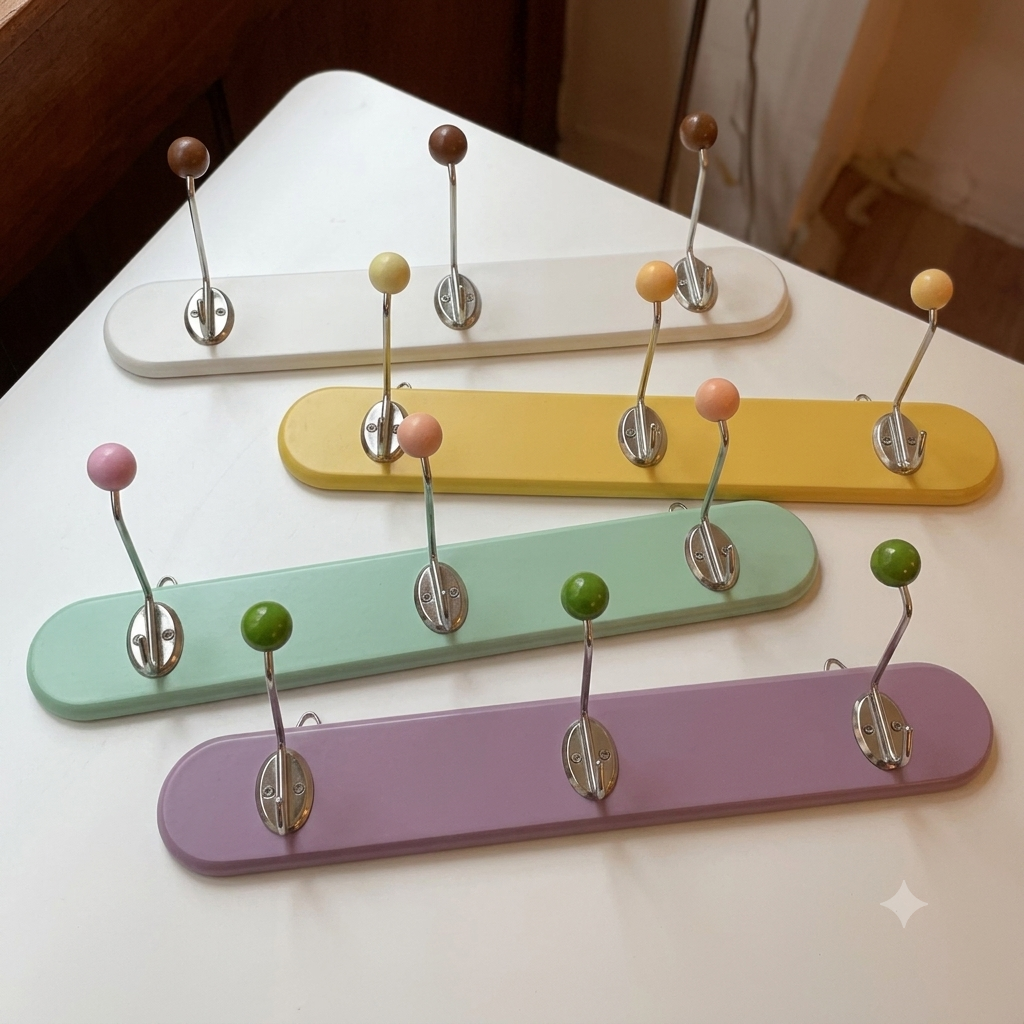 Porte manteau vintage avec plateau en bois coloré