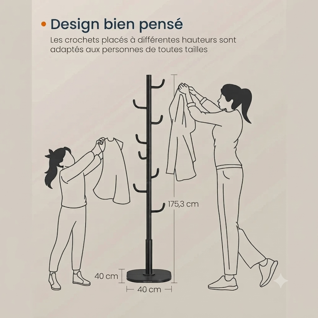Porte manteau cactus noir avec 8 crochets et extrémités recourbées