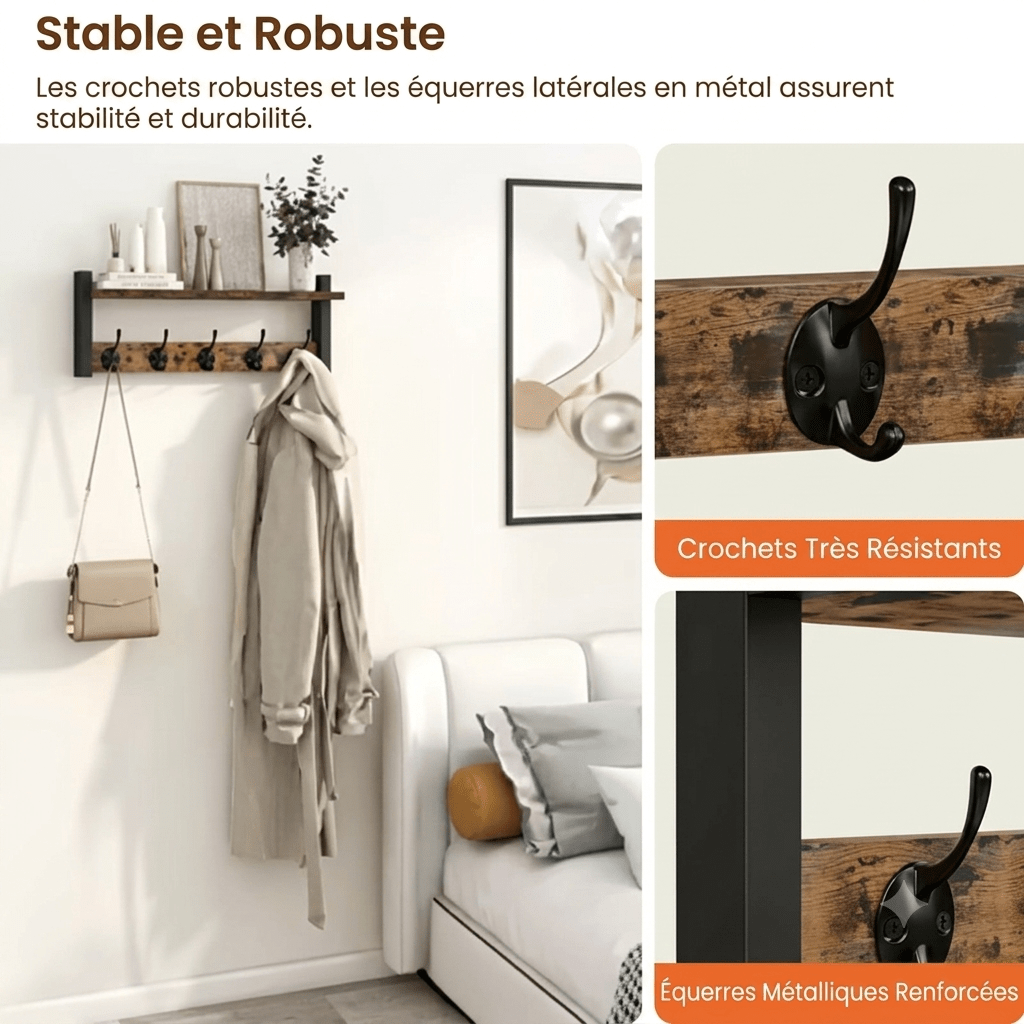 Sturdy industrial coat rack with reinforced metal brackets and distressed wood shelf detail