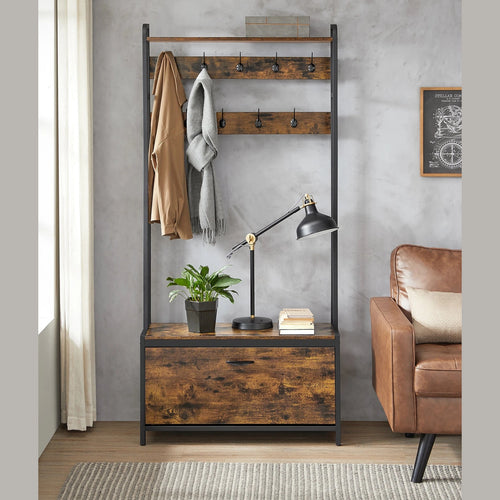 Rustic brown industrial coat rack with 10 hooks, bench drawer and decorative styling against gray wall