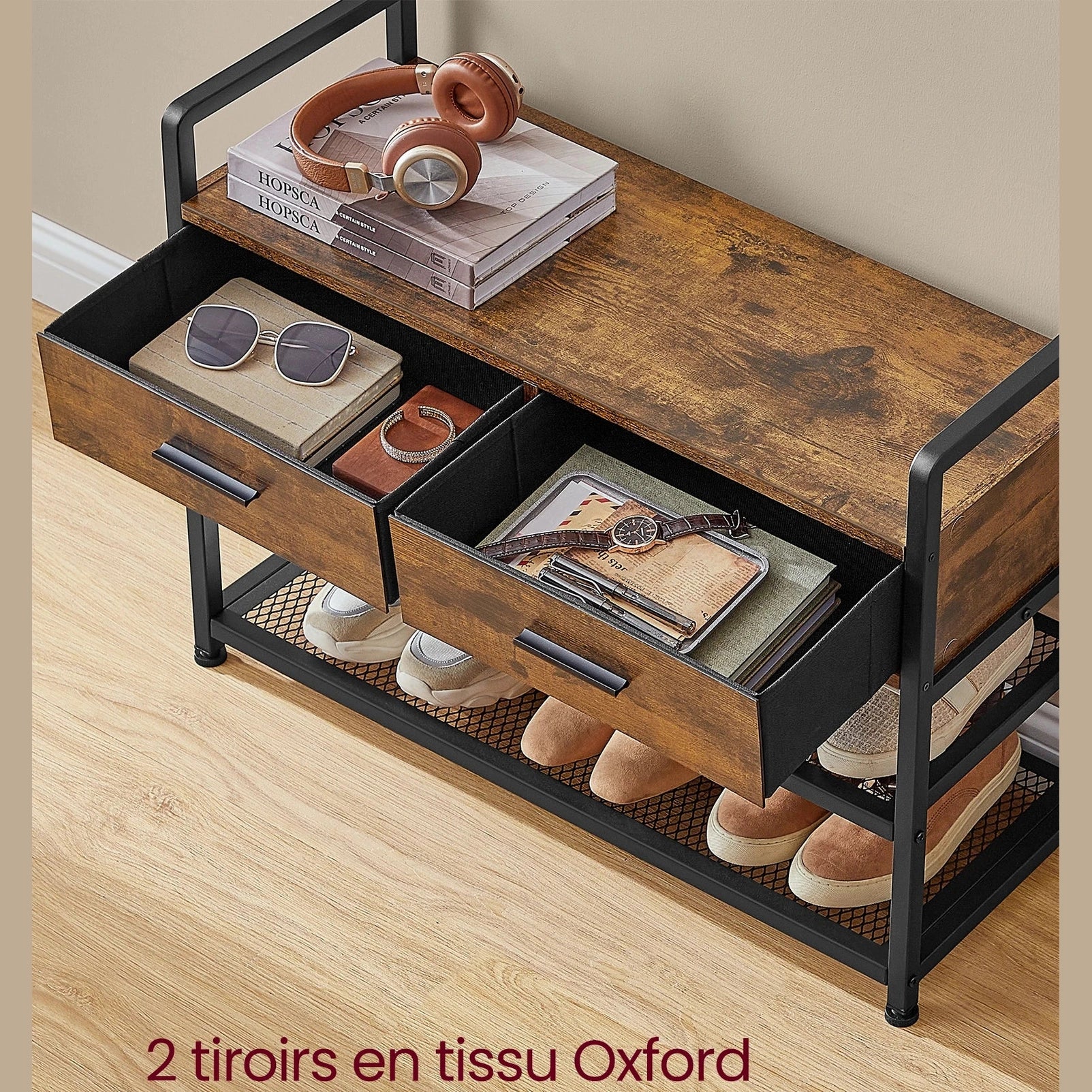 Porte manteau chaussures avec 10 crochets amovibles et 2 tiroirs