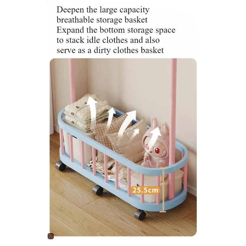 Porte manteau enfant à roulettes et bac de rangement