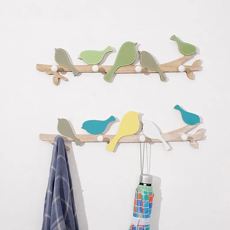 Porte manteau mural en bois avec crochets oiseaux créatifs