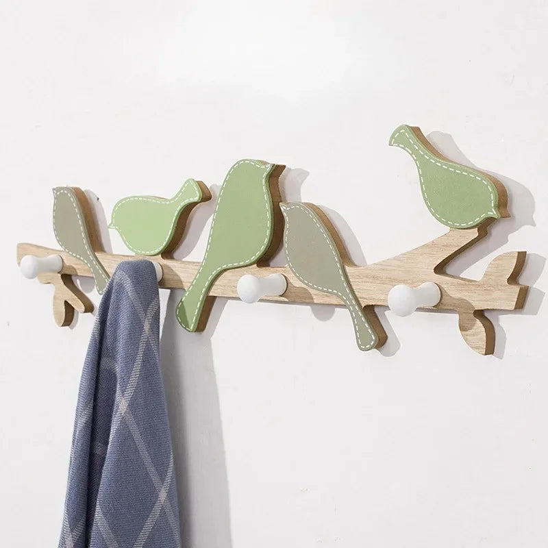 Porte manteau mural en bois avec crochets oiseaux créatifs