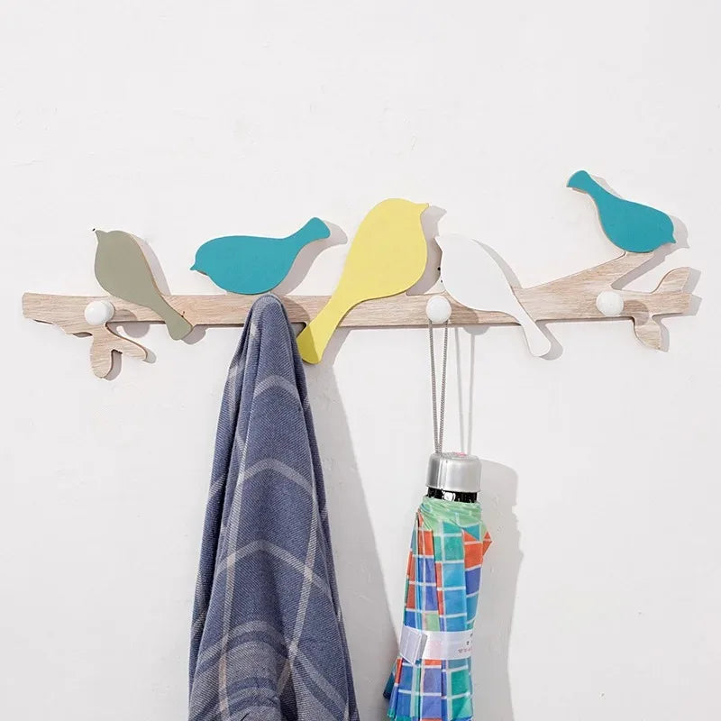 Porte manteau mural en bois avec crochets oiseaux créatifs