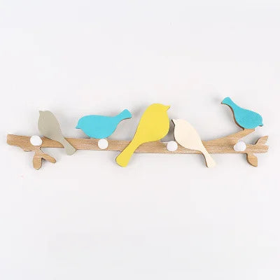 Porte manteau mural en bois avec crochets oiseaux créatifs