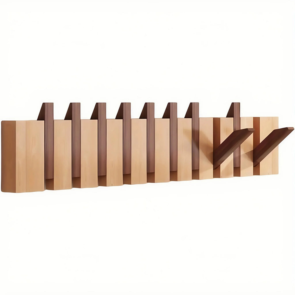 Front view of light and dark wood accordion wall coat rack with smooth polished finish