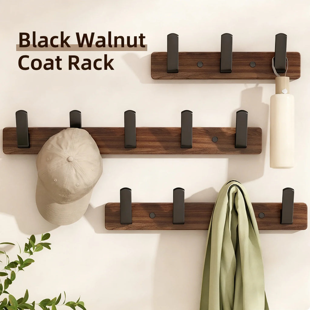 Porte manteau mural en bois marron crochet en métal noir