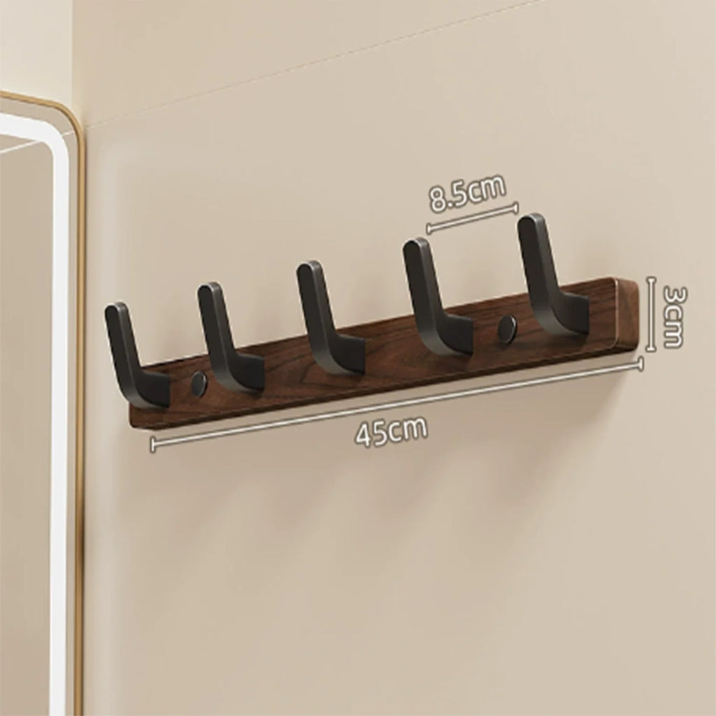 45cm dark brown wood coat rack with 4 black L-shaped hooks