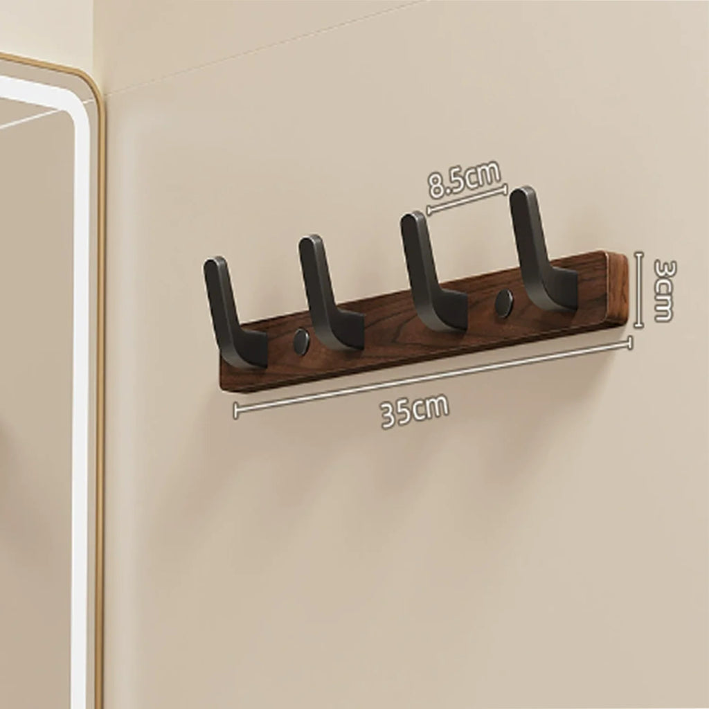 35cm compact dark wood coat rack with 3 black metal hooks