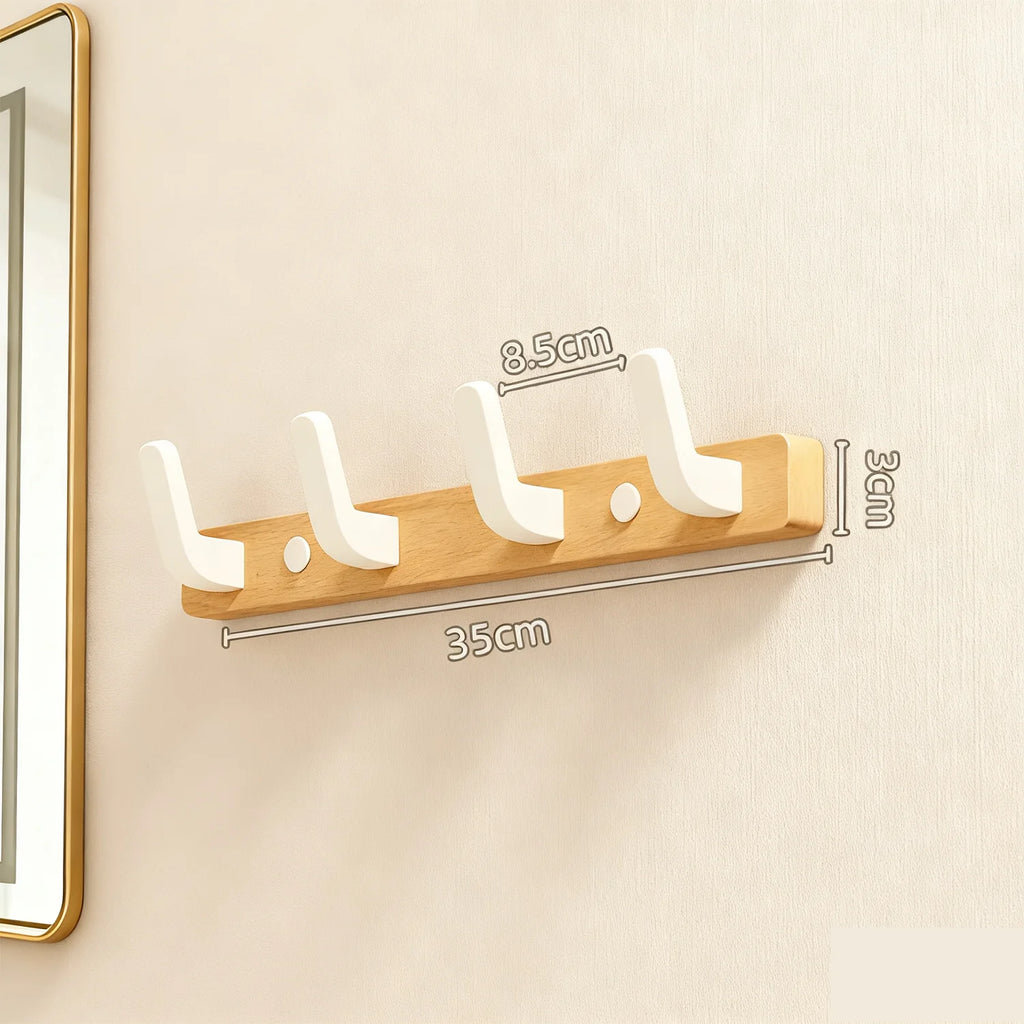 35cm light brown wood coat rack with 4 white plastic hooks