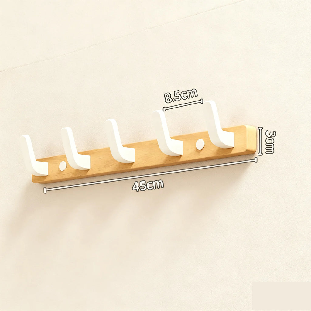 45cm light brown wood coat rack with 4 white hooks minimalist view