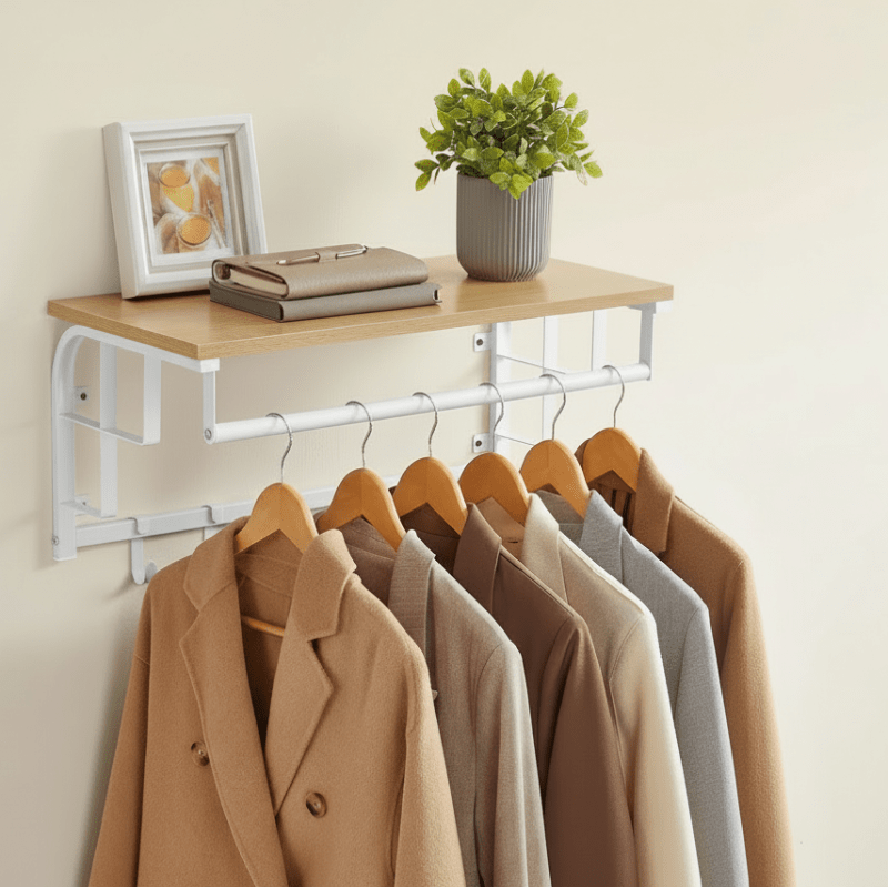 Porte manteau mural étagère clair avec crochet en métal blanc pour suspondre vestes et manteau 