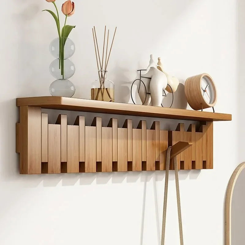 Porte manteau mural étagère en bois clair design piano