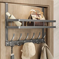 Tool-free installation gray over-the-door organizer with five hooks holding jacket and cap