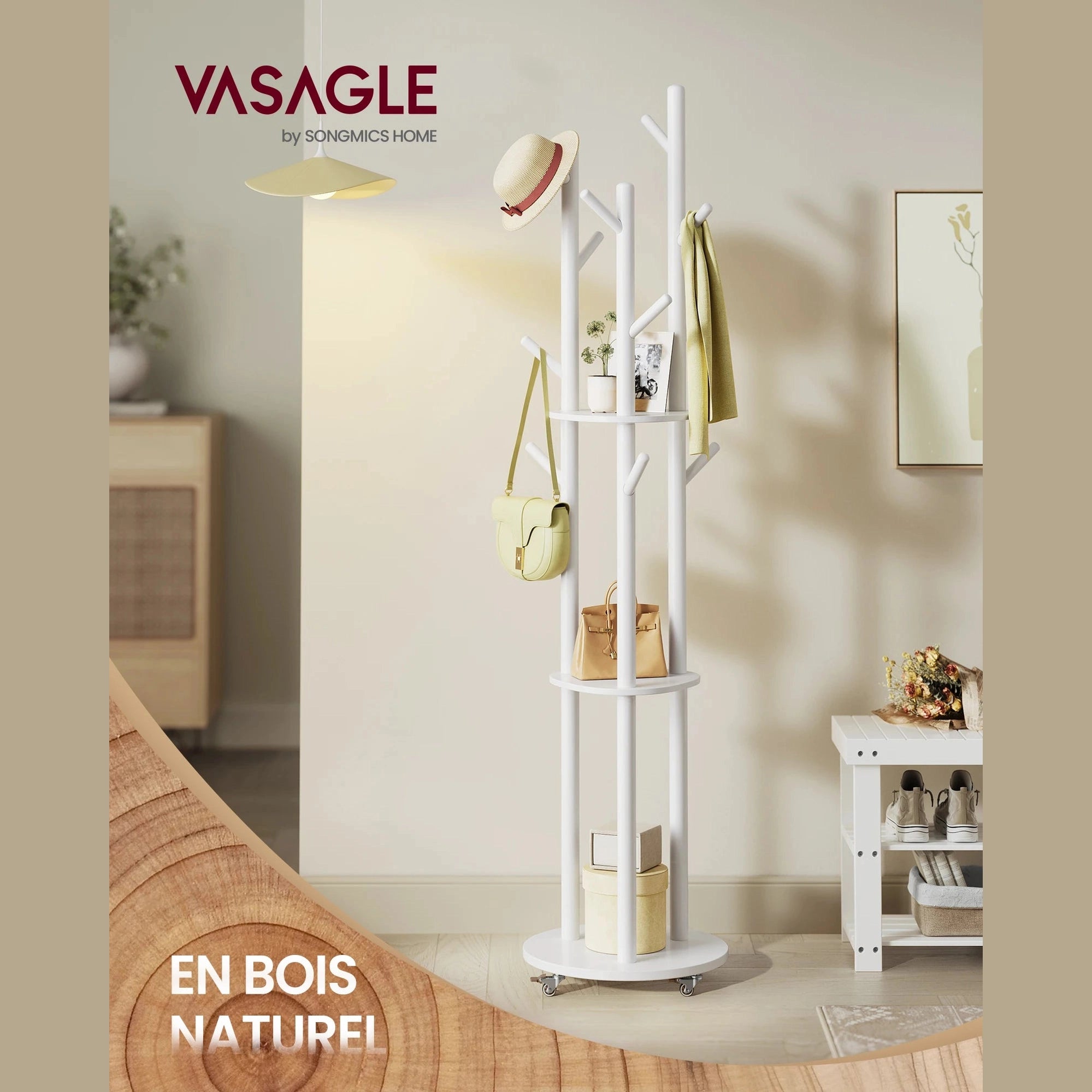 Porte manteau sur pied avec 11 Crochets 3 étagères et 4 roulettes pivotantes à 360°