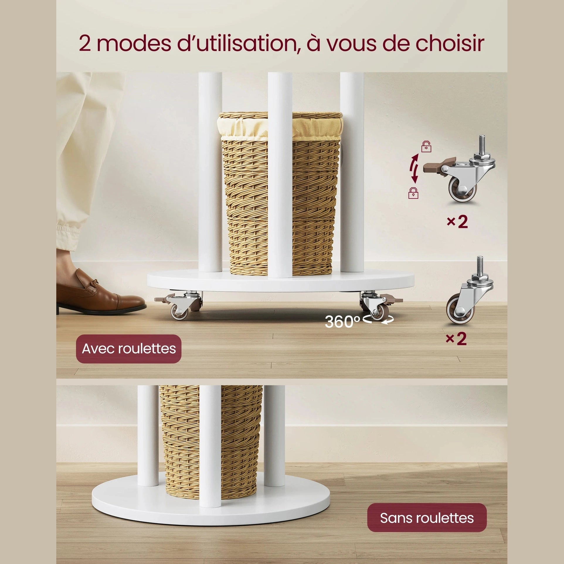 Porte manteau sur pied avec 11 Crochets 3 étagères et 4 roulettes pivotantes à 360°