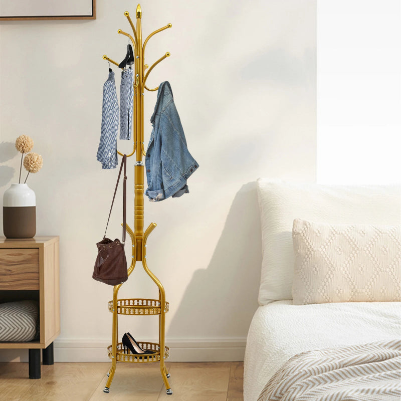 Porte manteau sur pied perroquet gold avec plateau de rangement portant des vetements et accsoires 
