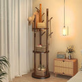 Porte manteau sur pied rotatif en bois avec plateaux et trois organisateurs latéraux