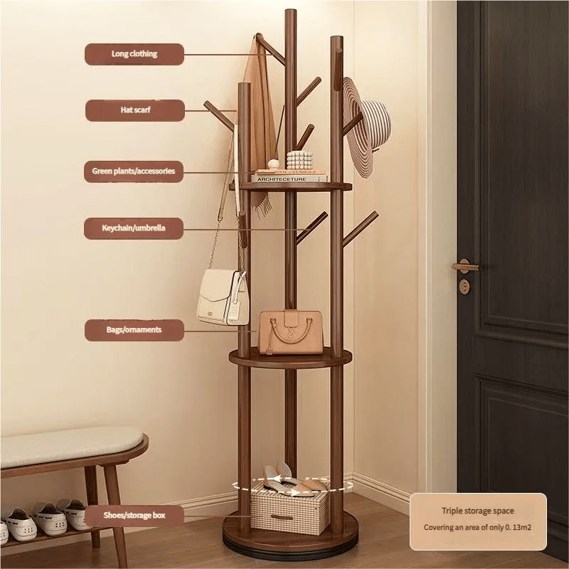 Porte manteau sur pied rotatif en bois avec plateaux et trois organisateurs latéraux