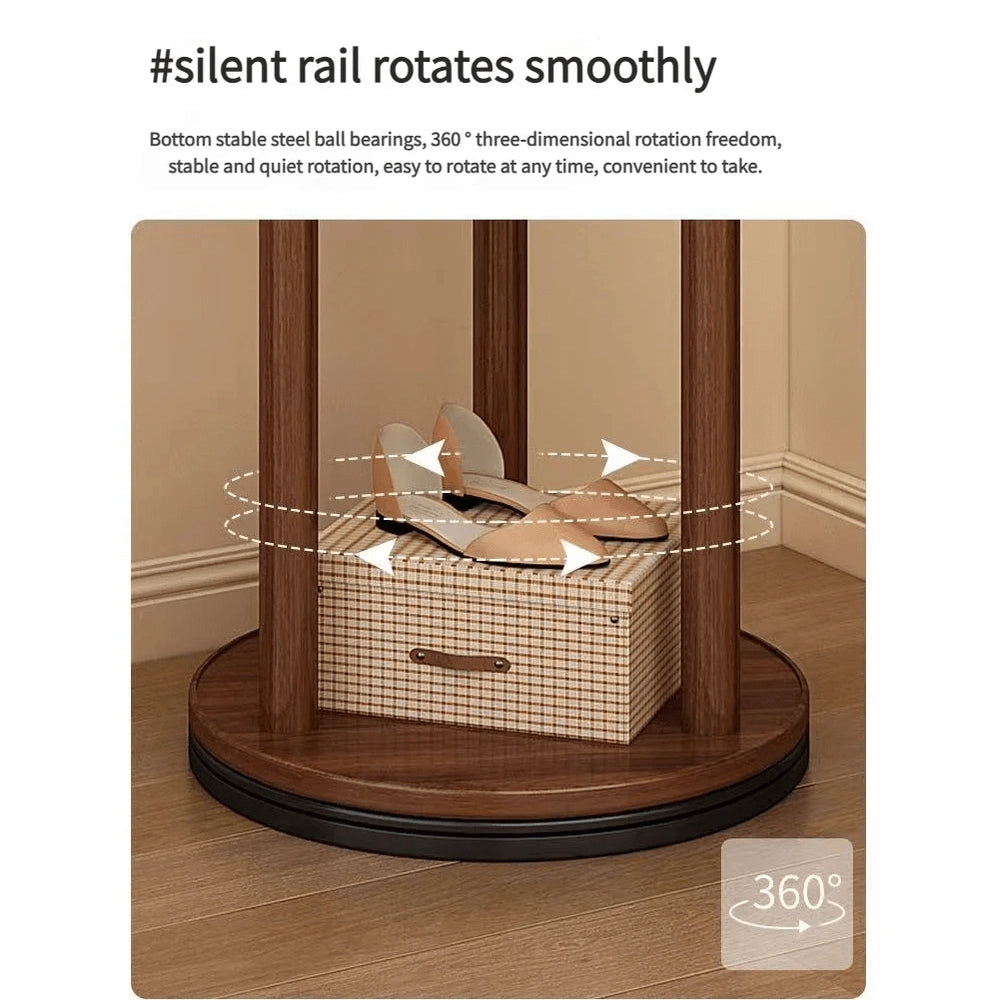 Porte manteau sur pied rotatif en bois avec plateaux et trois organisateurs latéraux
