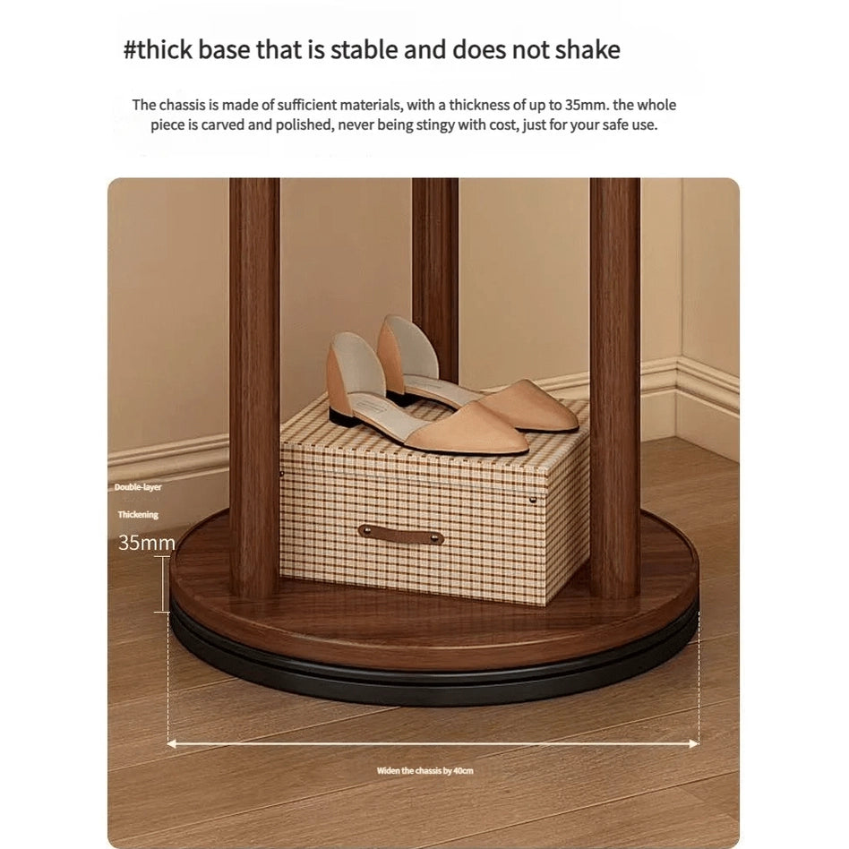 Porte manteau sur pied rotatif en bois avec plateaux et trois organisateurs latéraux