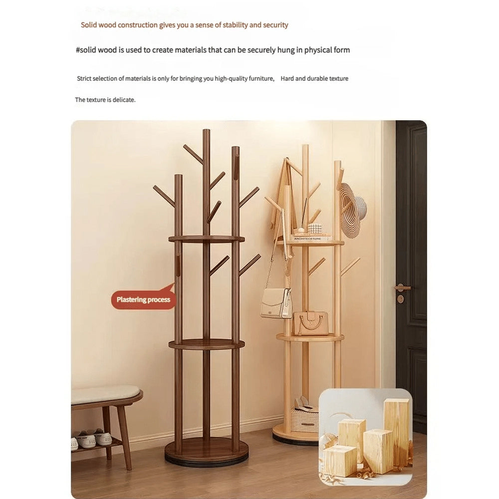 Porte manteau sur pied rotatif en bois avec plateaux et trois organisateurs latéraux