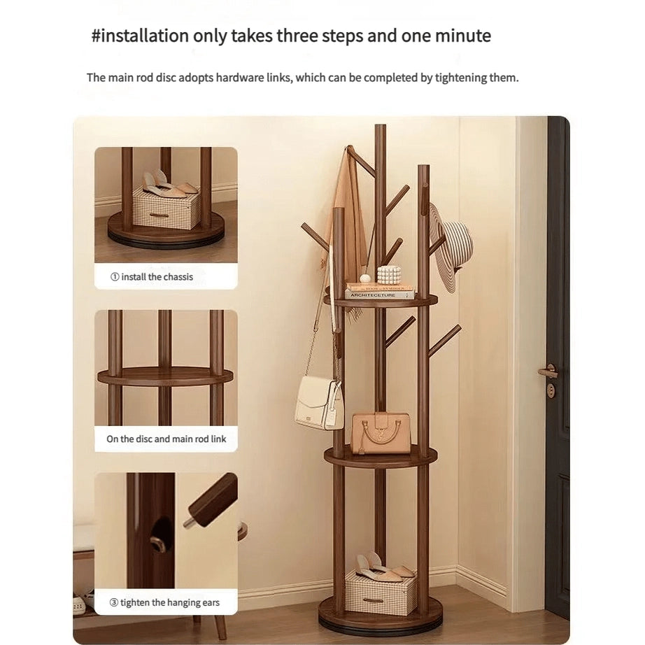 Porte manteau sur pied rotatif en bois avec plateaux et trois organisateurs latéraux