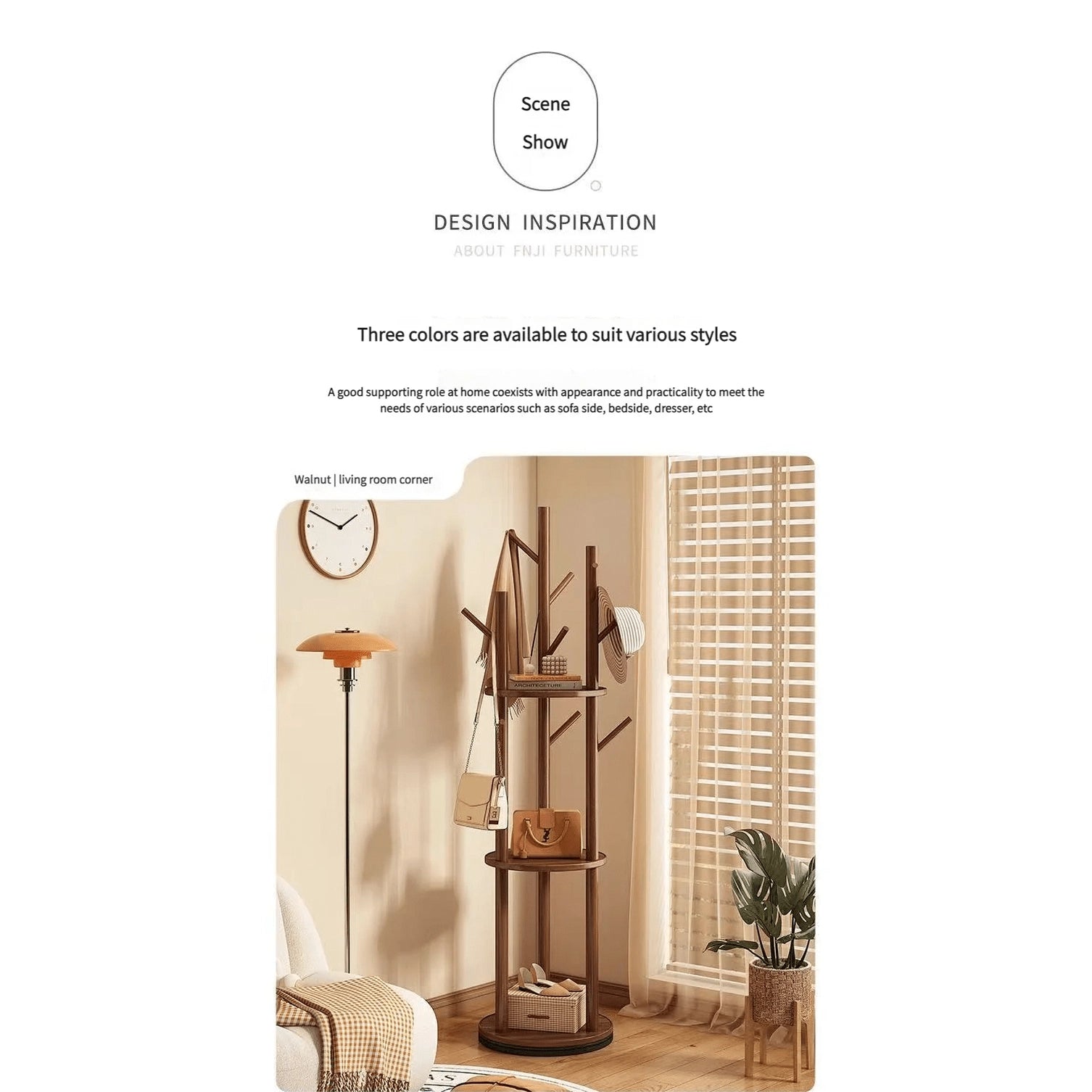 Porte manteau sur pied rotatif en bois avec plateaux et trois organisateurs latéraux