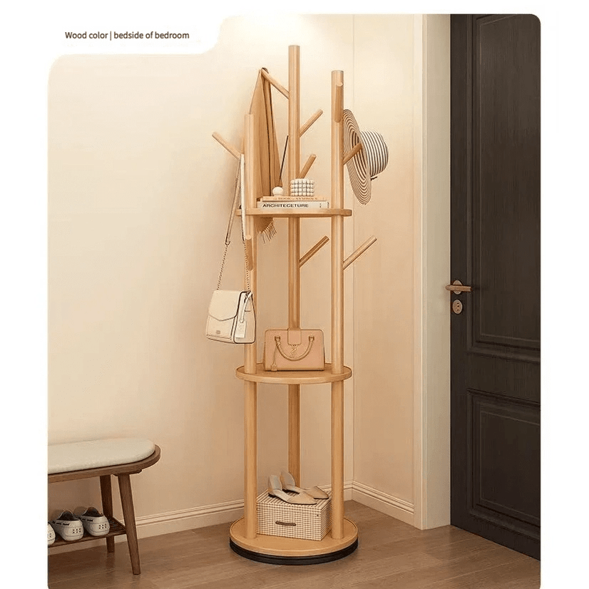 Porte manteau sur pied rotatif en bois avec plateaux et trois organisateurs latéraux