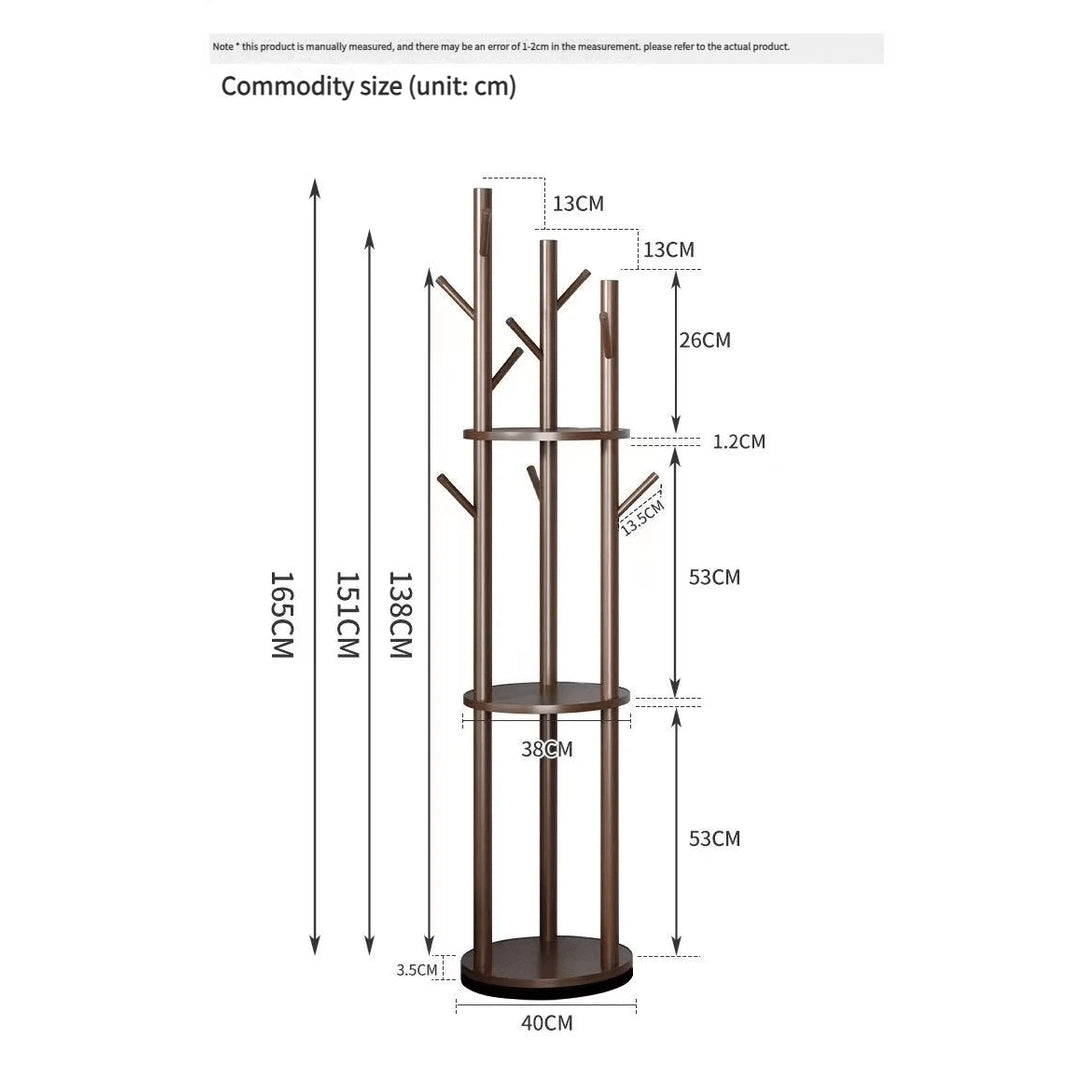 Porte manteau sur pied rotatif en bois avec plateaux et trois organisateurs latéraux