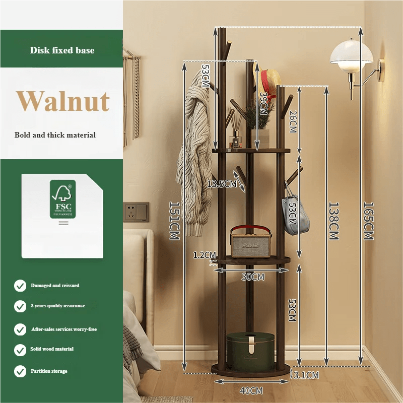Porte manteau sur pied rotatif en bois avec plateaux et trois organisateurs latéraux