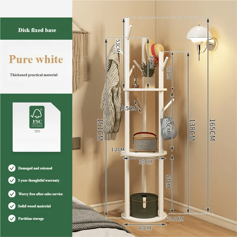 Porte manteau sur pied rotatif en bois avec plateaux et trois organisateurs latéraux