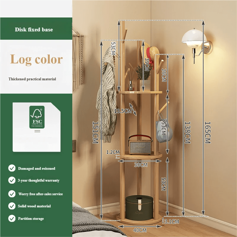 Porte manteau sur pied rotatif en bois avec plateaux et trois organisateurs latéraux