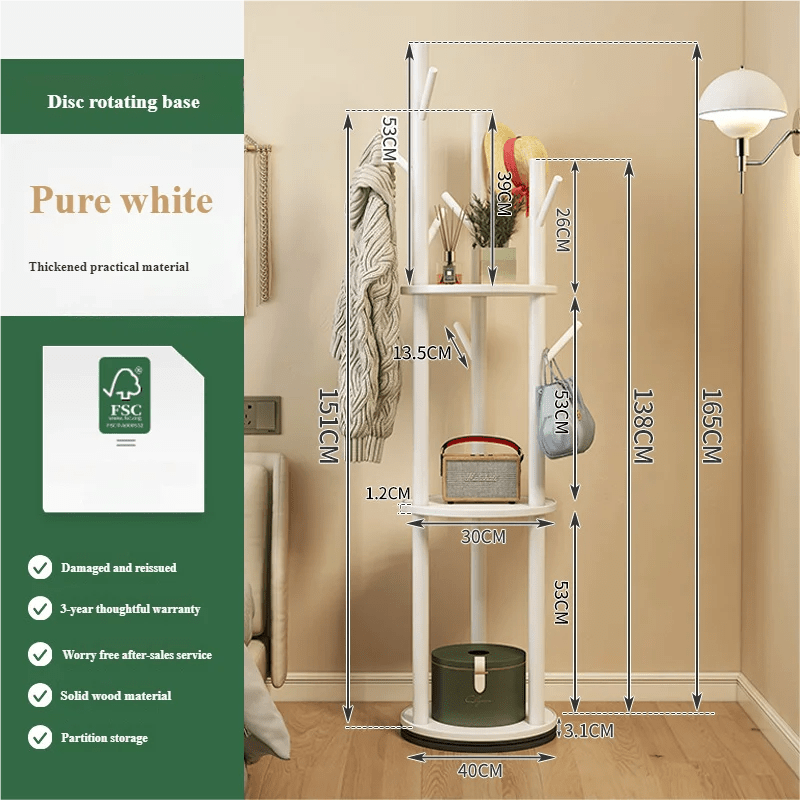 Porte manteau sur pied rotatif en bois avec plateaux et trois organisateurs latéraux