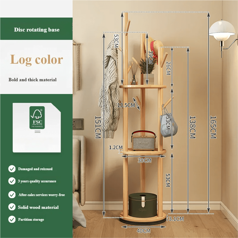 Porte manteau sur pied rotatif en bois avec plateaux et trois organisateurs latéraux