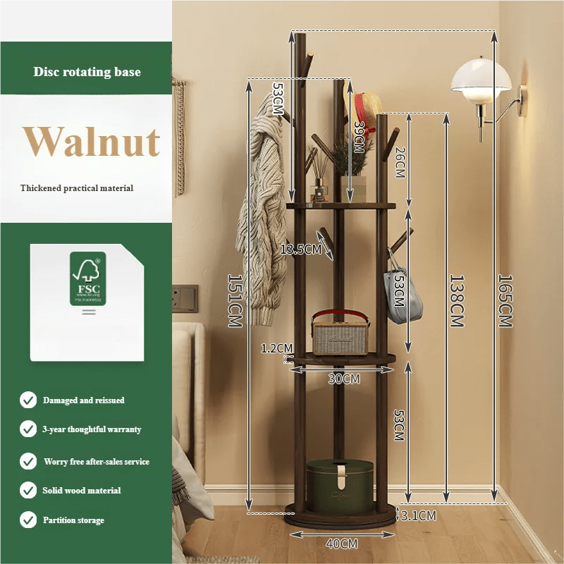 Porte manteau sur pied rotatif en bois avec plateaux et trois organisateurs latéraux