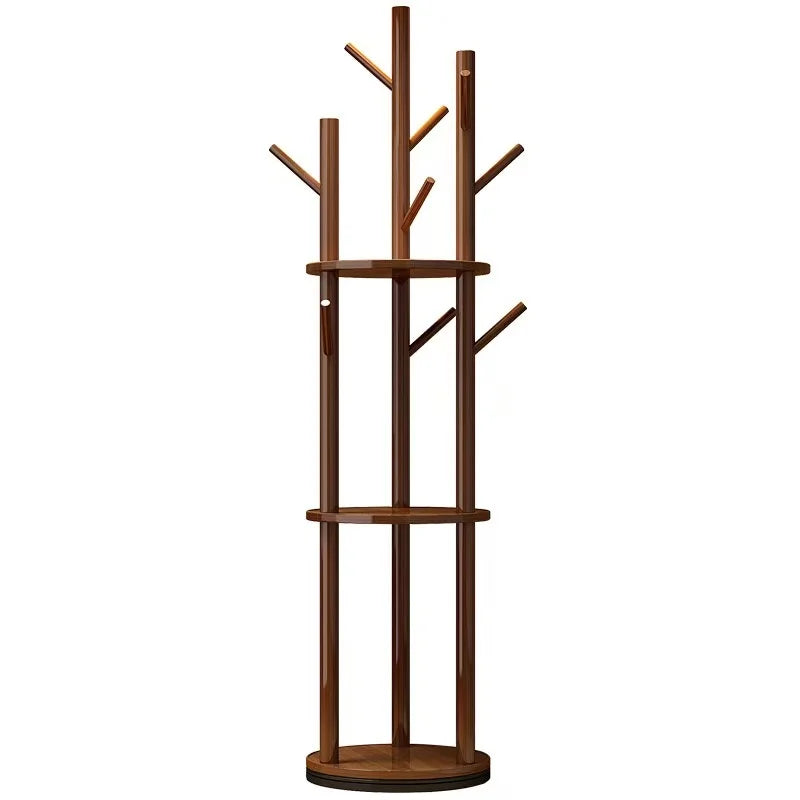 Porte manteau sur pied rotatif en bois avec plateaux et trois organisateurs latéraux