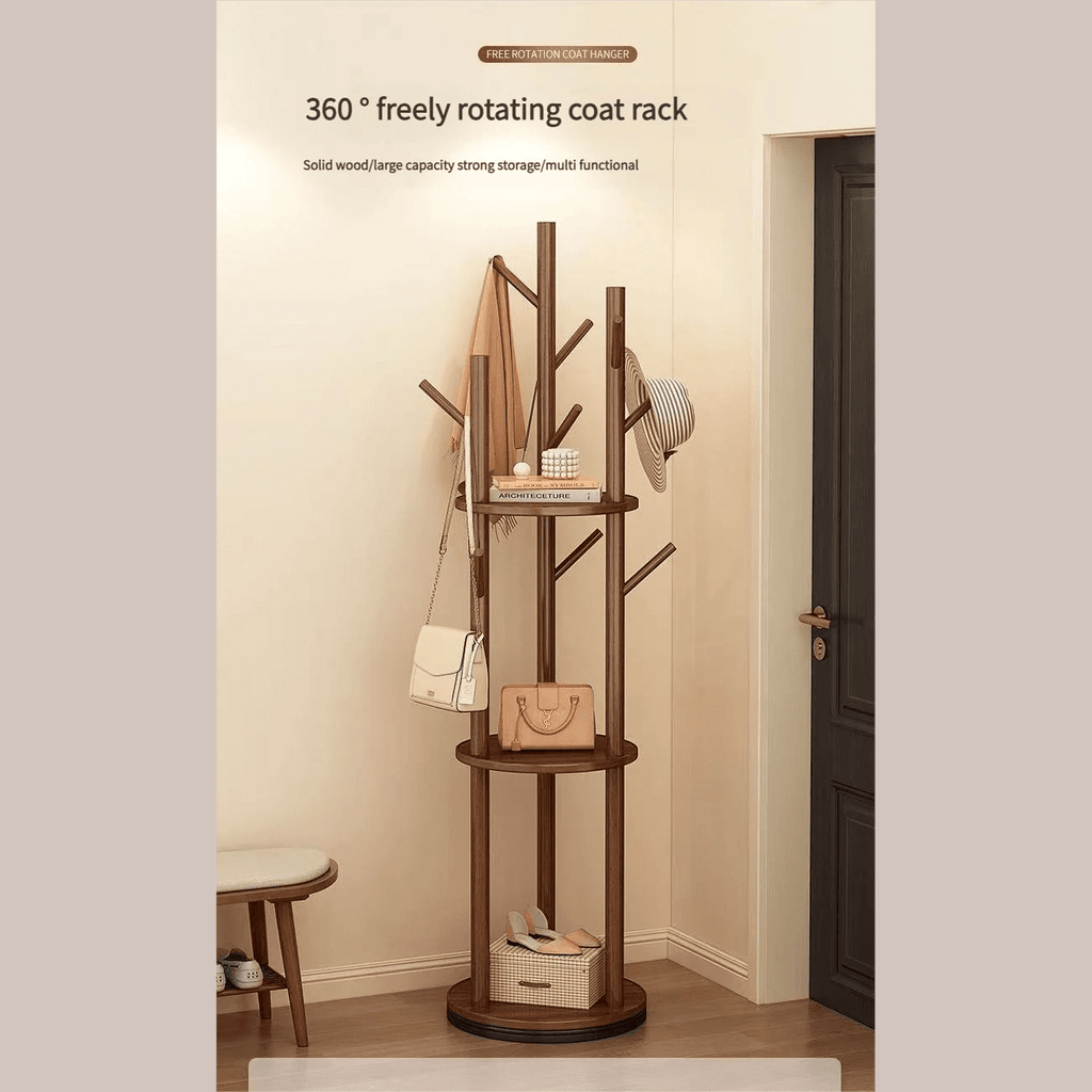 Porte manteau sur pied rotatif en bois avec plateaux et trois organisateurs latéraux