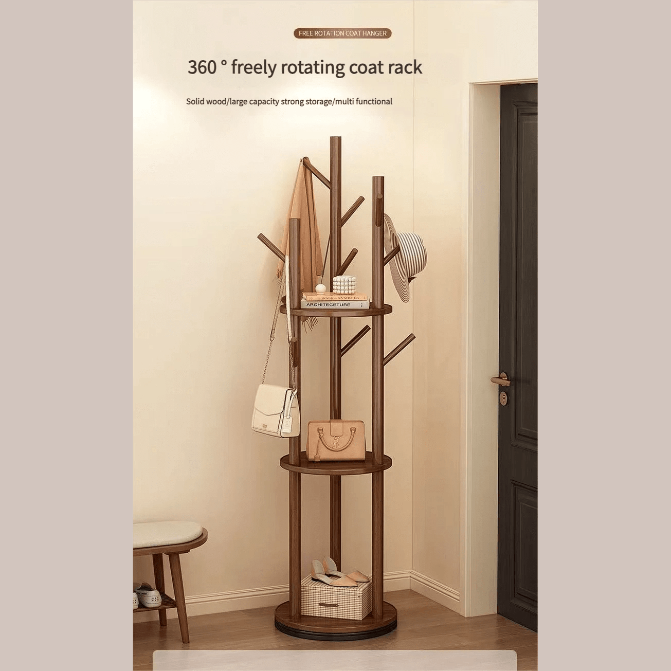 Porte manteau sur pied rotatif en bois avec plateaux et trois organisateurs latéraux