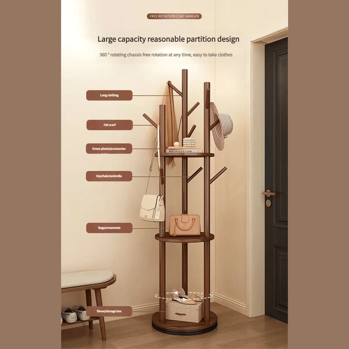 Porte manteau sur pied rotatif en bois avec plateaux et trois organisateurs latéraux