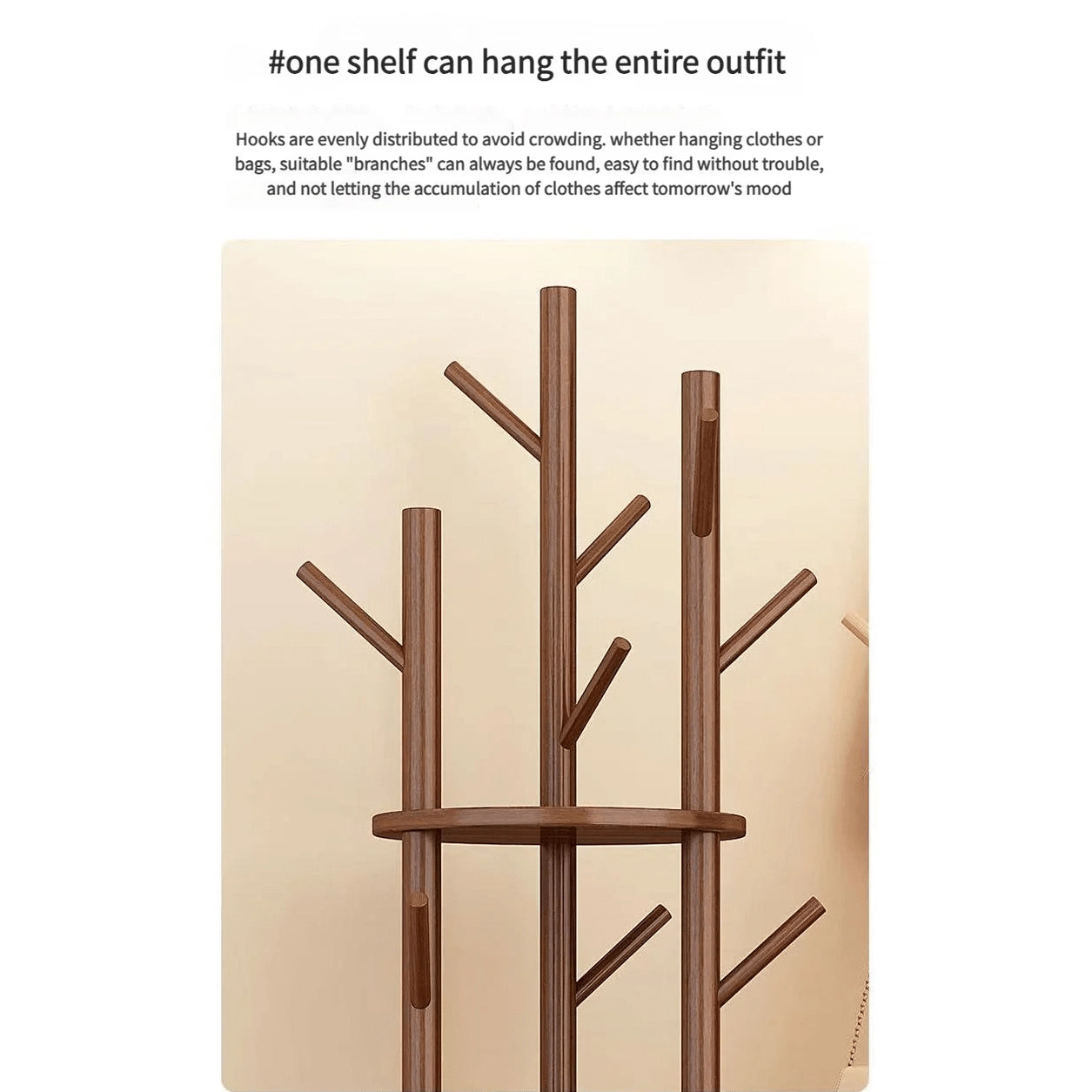 Porte manteau sur pied rotatif en bois avec plateaux et trois organisateurs latéraux