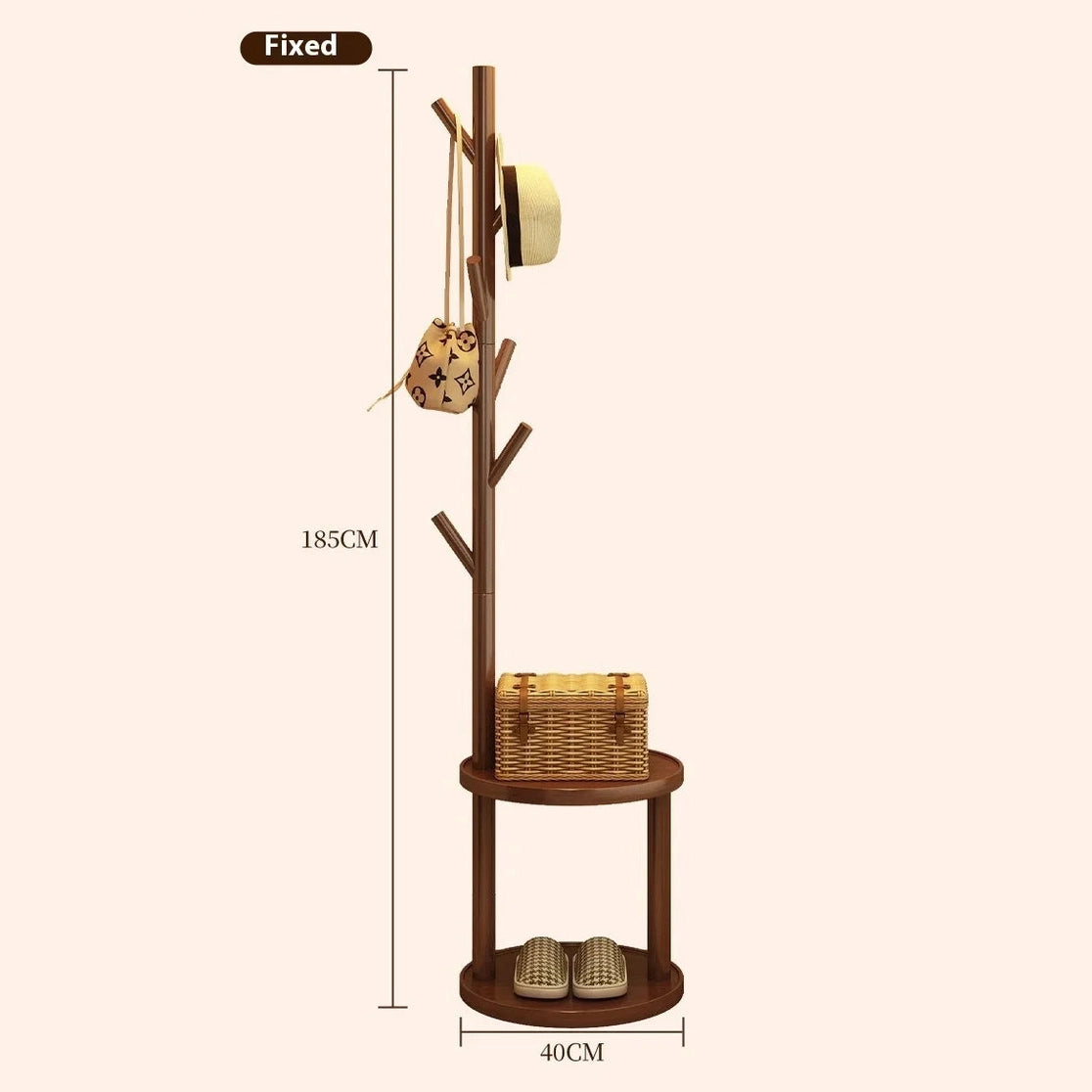 Porte manteau sur pied rotatif en bois massif avec étagères