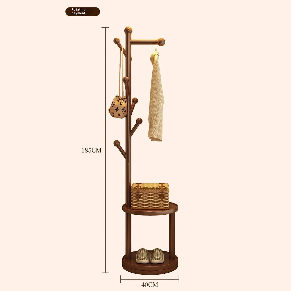 Porte manteau sur pied rotatif en bois massif avec étagères