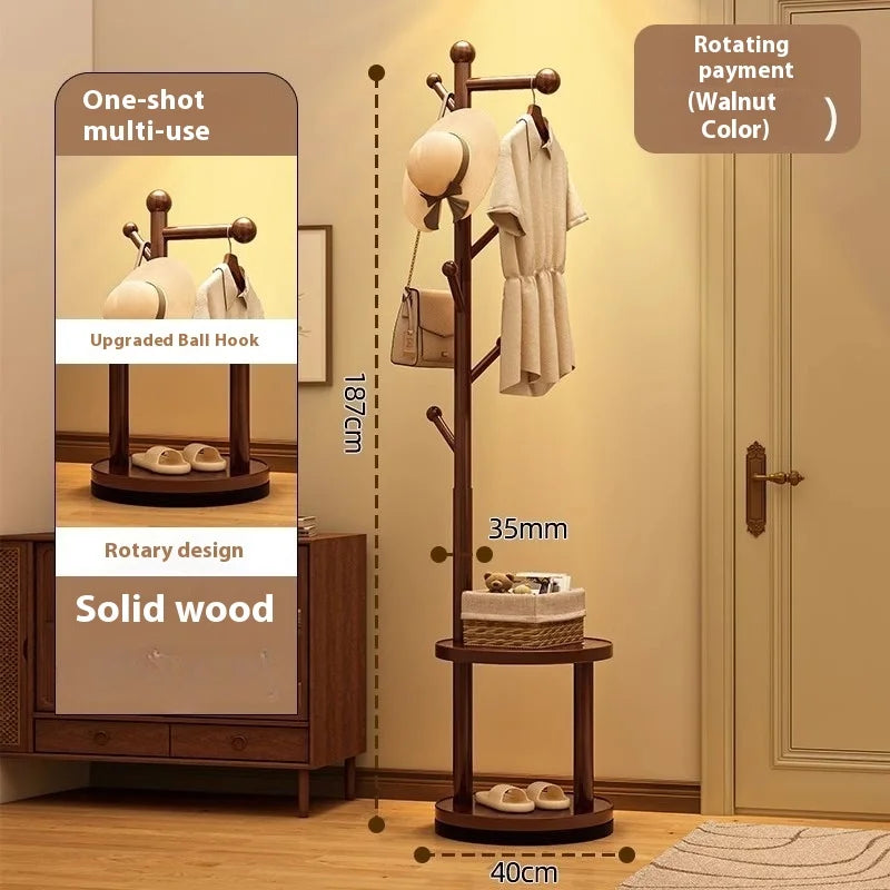 Porte manteau sur pied rotatif en bois massif avec étagères