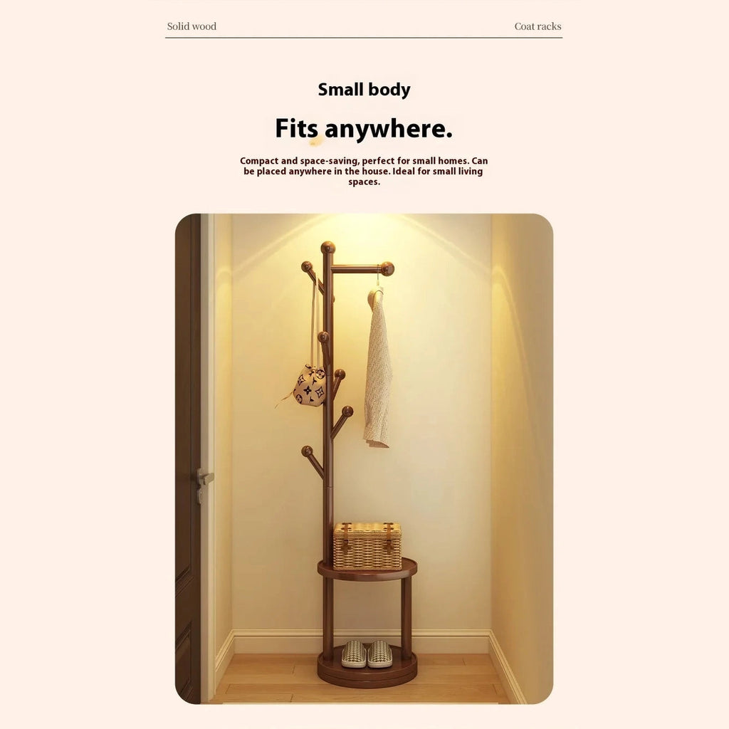 Porte manteau sur pied rotatif en bois massif avec étagères