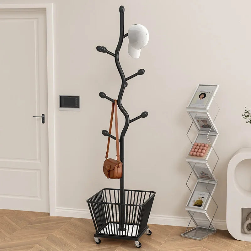 Porte manteau sur roulettes avec panier de rangement