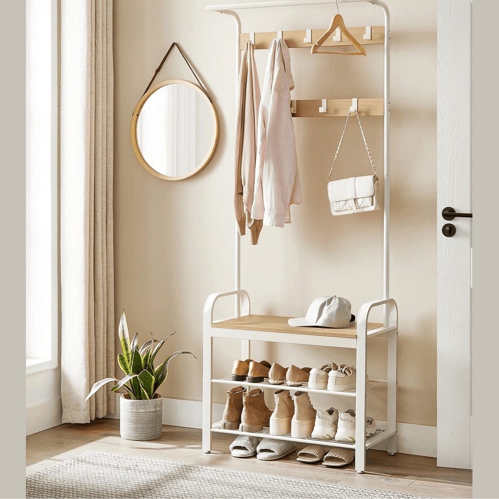 Porte manteau vestiaire avec étagères à chaussures 4 en 1