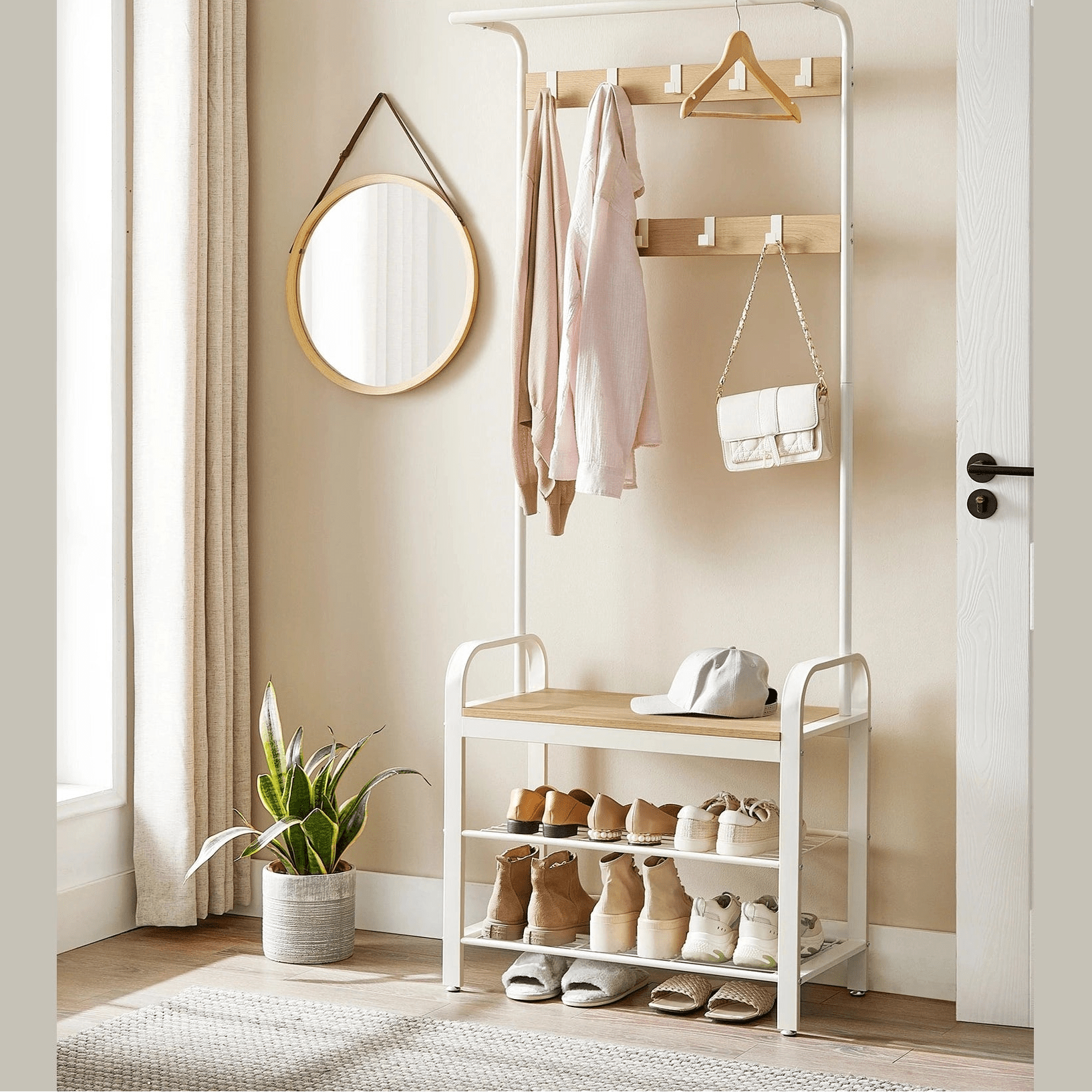 Porte manteau vestiaire avec étagères à chaussures 4 en 1